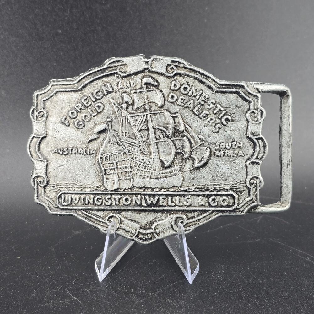 Livingston Wells & Co Foreign & Domestic Gold Dealers Pewter Belt Buckle